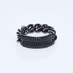 GUNMETAL ARTICULATED CUBAN CHAIN LINK ID RING WITH BLACK MICRO CZs SIGNET BOHO